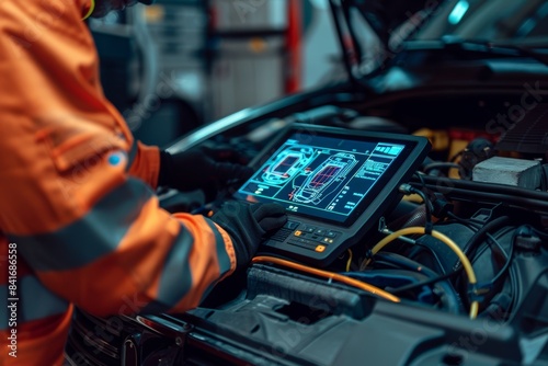 Mechanic Using Diagnostic Scanner for Car Maintenance in Auto Repair Shop photo