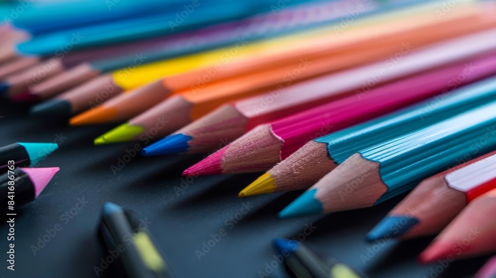 Close-up image of colorful pencils arranged in a row on a dark surface, showcasing vibrant hues and sharp tips perfect for art and drawing. Close-up image of colorful pencils arranged in a row on a dark surface, showcasing vibrant hues and sharp tips perfect for art and drawing.