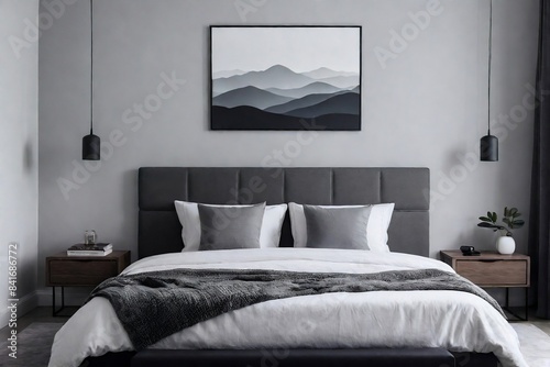 Wallpaper Mural A minimalist bedroom with a simple clean grey color tone and abstract art on the wall. Torontodigital.ca