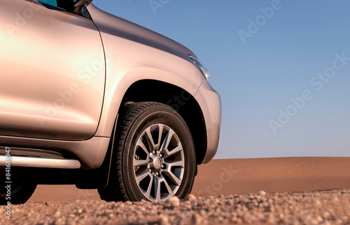 The grey car standing in the middle of the Namib desert 