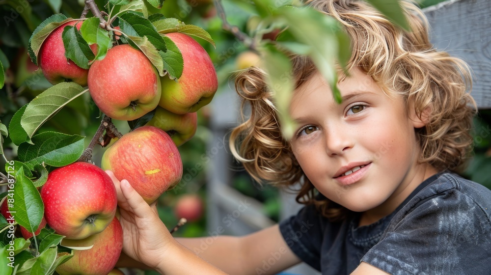 Young boy gathering juicy, ripe apples in a vibrant and flourishing garden setting Young boy gathering juicy, ripe apples in a vibrant and flourishing garden setting