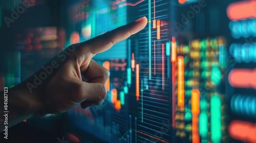 Hand pointing at a digital financial graph displaying market data and stock trends on a glowing screen in a modern financial environment.