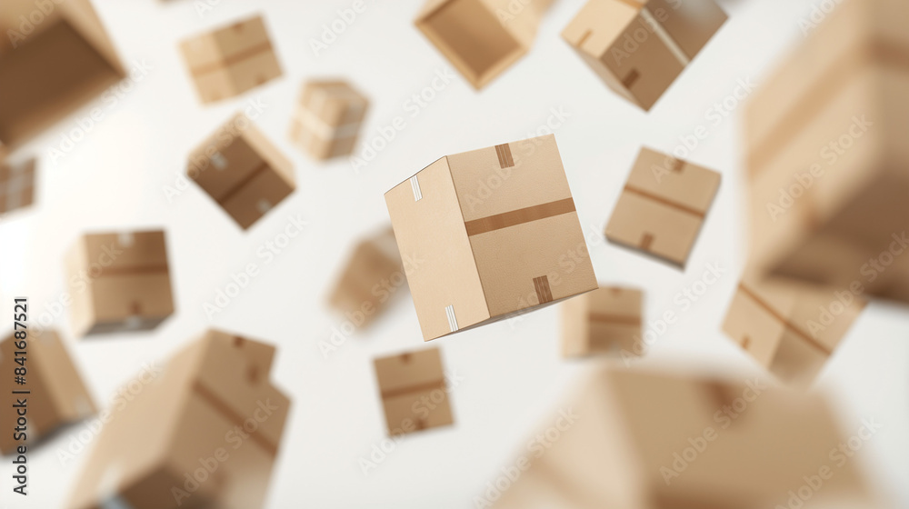 Set of flying or falling cardboard boxes on a white background. Moving package, transportation, delivery concept. Set of flying or falling cardboard boxes on a white background. Moving package, transportation, delivery concept.
