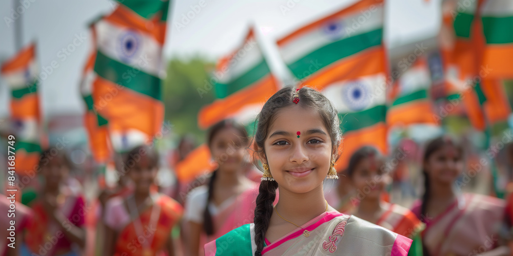 Joyful Indian Girl on Independence Day. A young Indian girl in traditional attire smiles brightly amidst a sea of Indian flags. Celebrating national pride and unity, perfect for Independence Day Joyful Indian Girl on Independence Day. A young Indian girl in traditional attire smiles brightly amidst a sea of Indian flags. Celebrating national pride and unity, perfect for Independence Day
