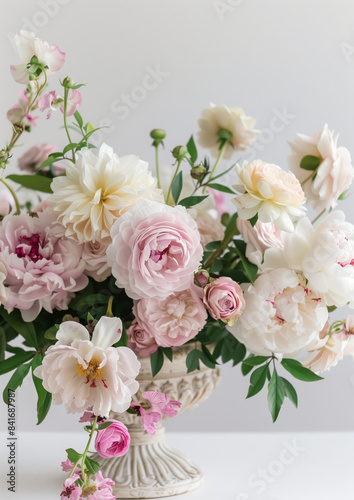 A large beautiful bouquet of pink and white peonies and chrysanthemums in a vintage vase © Myroslava