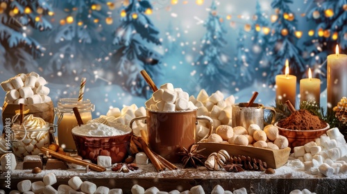 Winter Hot Cocoa Bar Setup with Various Toppings and Cozy Snowy Background © spyrakot