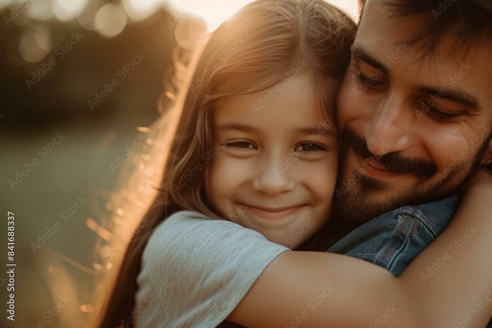 Father and daughter sharing a tender embrace at sunset. Expressing love and affection in a warm and genuine bonding moment Father and daughter sharing a tender embrace at sunset. Expressing love and affection in a warm and genuine bonding moment