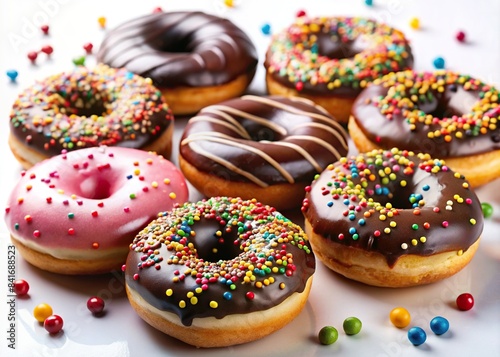 Assorted chocolate glazed donuts with colorful sprinkles on a white background, chocolate, glazed, donuts, sprinkles, assorted, sweet, dessert, bakery, treat, indulgence, snack, delicious © Sompong