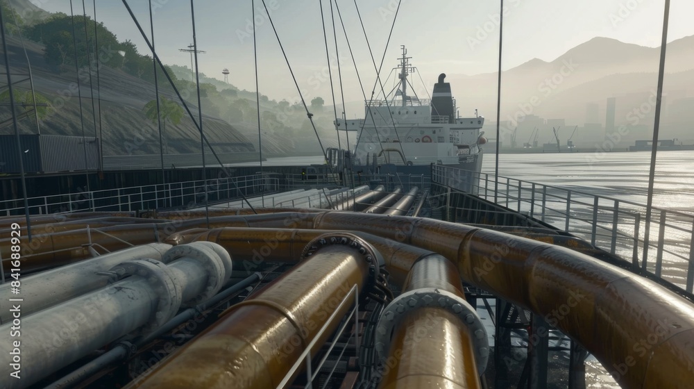 Tanker Loading Alongside A close-up view of a large oil tanker being loaded with oil at a busy ...