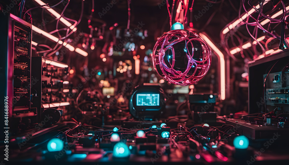 Fototapeta premium Vintage electronics in neon cyberpunk room