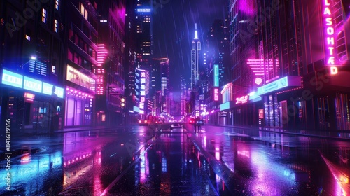 Futuristic night city with empty streets in cyberpunk style. generative AI image