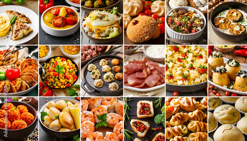 Collage. Assortment of dishes from different countries of the world. Food and snacks