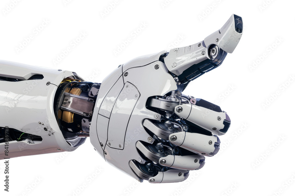 A robotic hand with a thumbs up is shown on a white background A robotic hand with a thumbs up is shown on a white background