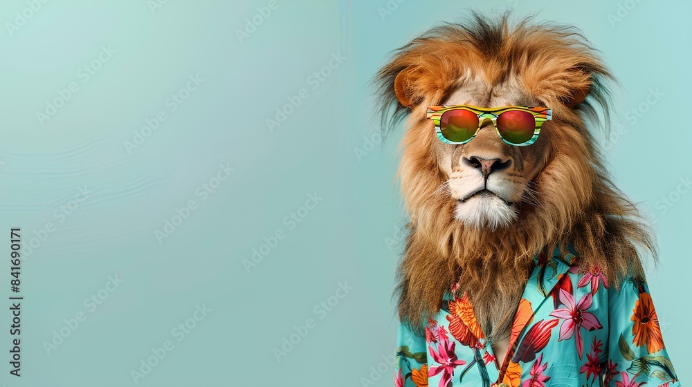 Stylish lion wearing sunglasses and summer clothes on light blue background. Funny pop art of animals Stylish lion wearing sunglasses and summer clothes on light blue background. Funny pop art of animals