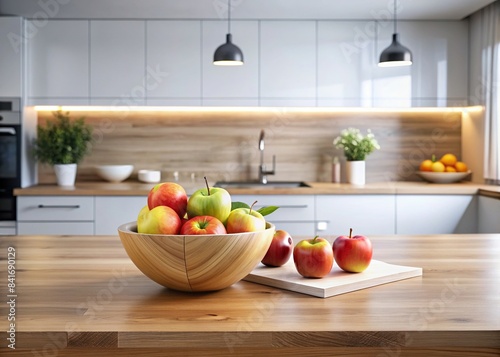 Modern kitchen with wooden countertop and fresh apples bowl   urban  elegance  natural elements  kitchen  wooden  countertop  fresh  apples  bowl  harmonious  inviting  space  interior design