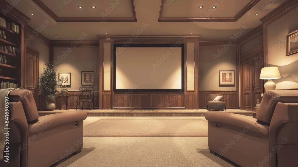 Elegant Home Theater with Luxurious Recliner Chairs and Blank Projector Screen for Custom Text