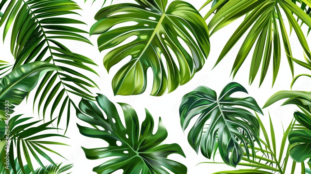 An exotic jungle with leaves and plants in this seamless tropical pattern