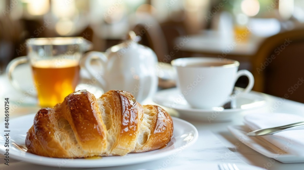 toster bread with honey on the white plate on breackfast table