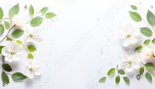 Wallpaper Mural 白背景に花びらと植物の葉　みずみずしい水滴の背景フレーム素材 Torontodigital.ca