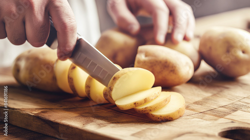 Hands slicing potatoes on a wooden cutting board with a sharp knife. Preparing fresh potatoes for cooking in a home kitchen setting