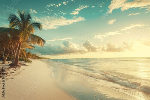 A tropical beach in Punta Cana, Dominican Republic. Palm trees on a sand island in the ocean.