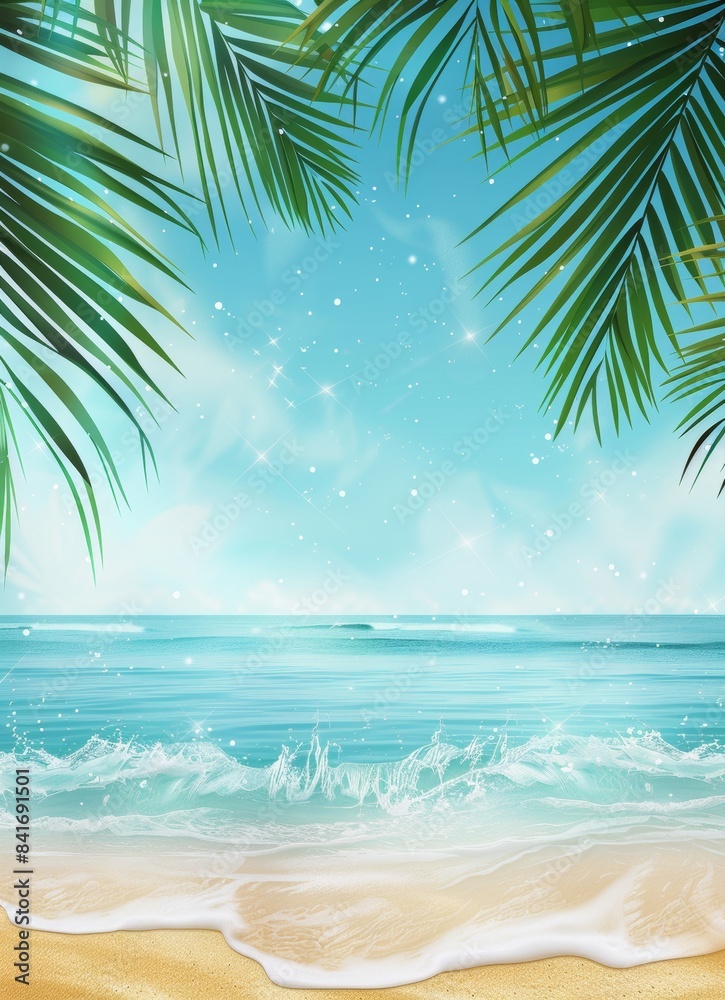 Fototapeta premium Summer background, landscape of a tropical golden beach with rays of sun and leaf palms. Close-up of golden sand beach, blue sky, white clouds. Summer vacation concept.