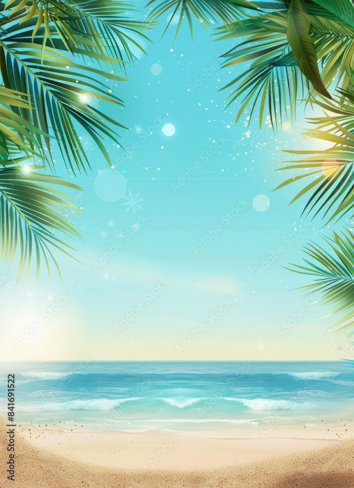 An image of a golden sand beach with rays of sun light and a leaf palm, sea, blue sky, white clouds, summer vacation, summer background. An image of a golden sand beach with rays of sun light and a leaf palm, sea, blue sky, white clouds, summer vacation, summer background.