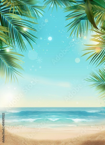 An image of a golden sand beach with rays of sun light and a leaf palm, sea, blue sky, white clouds, summer vacation, summer background.