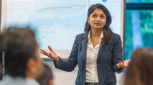an Indian woman giving a presentation in front of a group of people, standing on the side and pointing at a whiteboard while talking to her team during a business training class