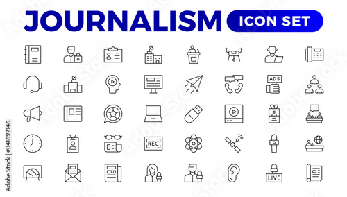 Set of Journalism icons. Containing journalist, news, newspaper and radio. Solid icons collection. Outline News symbol collection.