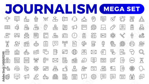 Set of Journalism icons. Containing journalist, news, newspaper and radio. Solid icons collection. Outline News symbol collection.