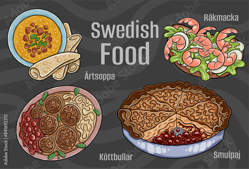 Popular Swedish National Cuisine Set. Hand-drawn vector illustration on a dark background. photo