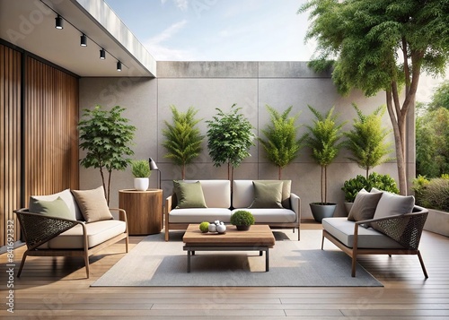 Minimalist outdoor patio with sleek furniture and potted plants, patio, outdoor, minimalist, modern, furniture, potted plants, design, relaxation, serene, chic, stylish, contemporary, clean