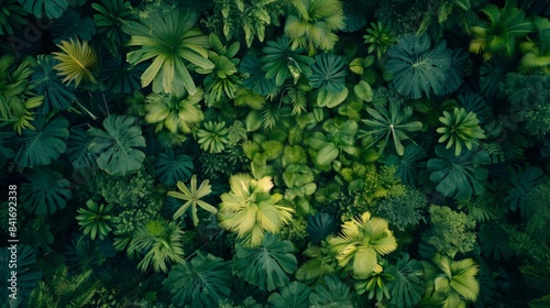 A dense cluster of tropical leaves seen from an aerial view  creating an abstract green carpet-like pattern.
