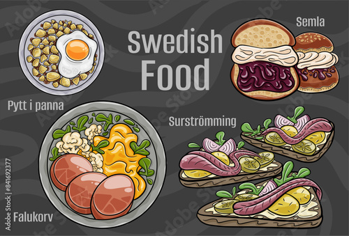 Popular Swedish National Cuisine Set. Hand-drawn vector illustration on a dark background. photo