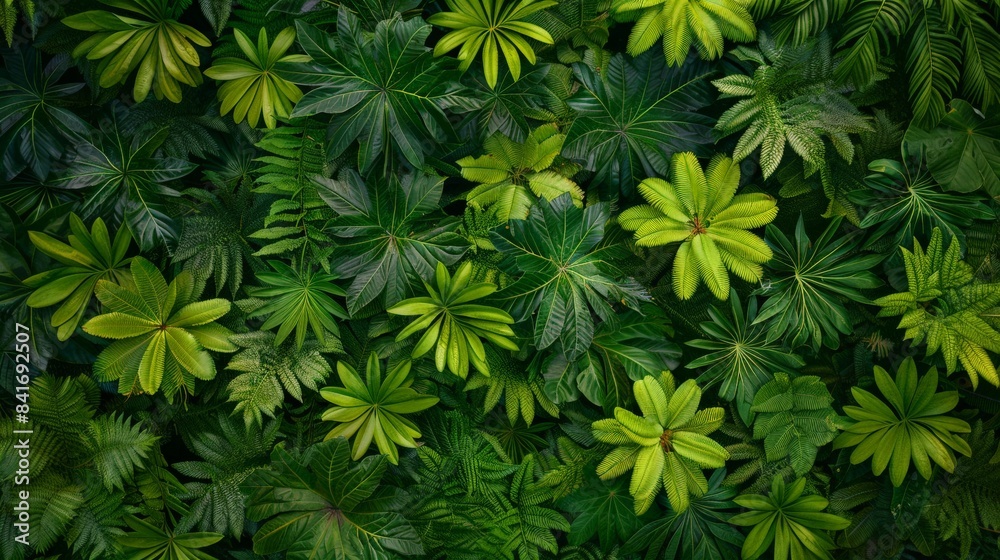 A dense cluster of tropical leaves seen from an aerial view, creating an abstract green carpet-like pattern.