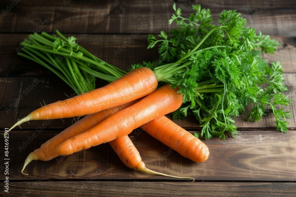 Organic whole carrots with lush greenery displayed on a rustic wooden surface, showcasing natural textures Organic whole carrots with lush greenery displayed on a rustic wooden surface, showcasing natural textures