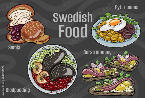 Popular Swedish National Cuisine Set. Hand-drawn vector illustration on a dark background. photo
