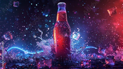Dynamic Soda Beverage Banner with Splash Effect and Ice Cubes in Neon Lights Background