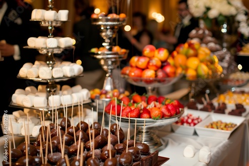 Elegant Party Dessert Table with Marshmallow Skewers  Chocolate Fountains  and Fresh Fruits