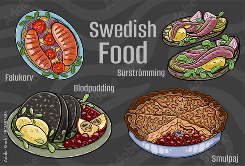 Popular Swedish National Cuisine Set. Hand-drawn vector illustration on a dark background. photo