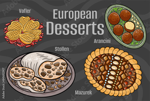 Popular desserts and sweets of European cuisines. Hand-drawn vector illustration