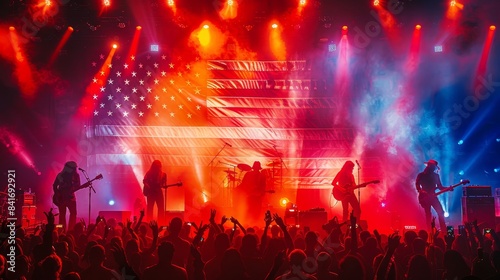 A rock band performs on stage in front of a large American flag backdrop Independence day of America
