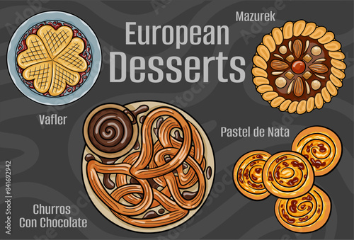 Popular desserts and sweets of European cuisines. Hand-drawn vector illustration