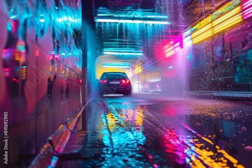 Vibrant Car Wash Tunnel with Colorful Lights and Water Spraying - Automotive Cleaning Scene