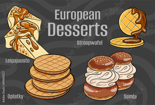 Popular desserts and sweets of European cuisines. Hand-drawn vector illustration