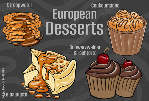 Popular desserts and sweets of European cuisines. Hand-drawn vector illustration