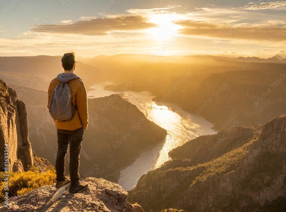 Fototapeta premium Man standing on top of cliff at sunset 
