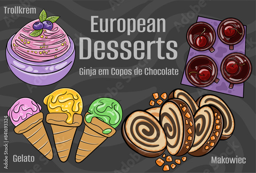 Popular desserts and sweets of European cuisines. Hand-drawn vector illustration