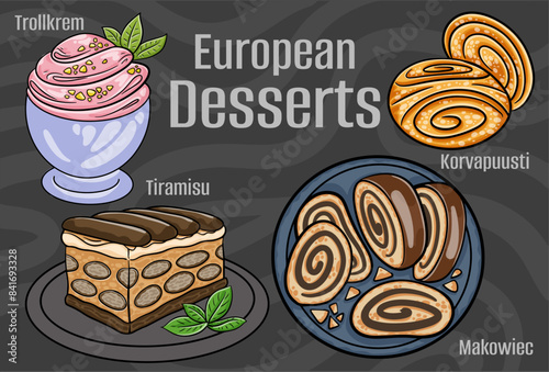 Popular desserts and sweets of European cuisines. Hand-drawn vector illustration